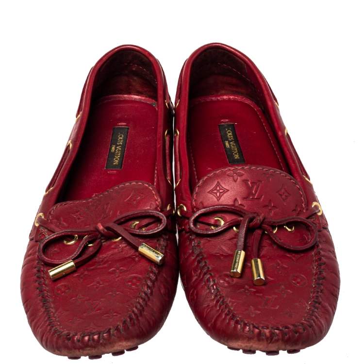 Pre Owned Louis Vuitton Red Monogram Leather Gloria  Slip On Loafers Size 38