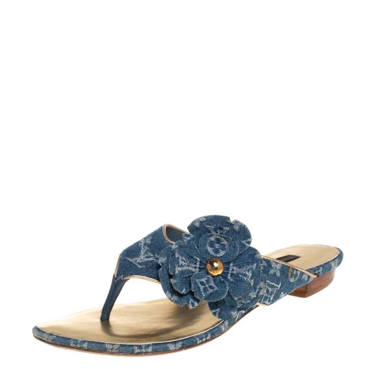 Louis Vuitton Blue Monogram Denim Flower Detail Slide Sandals Size 36 Louis  Vuitton