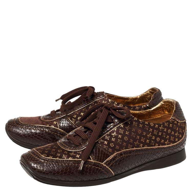 Pre Owned Louis Vuitton Brown Monogram Fabric and Python Embossed Leather Low Top Sneakers Size 36.5