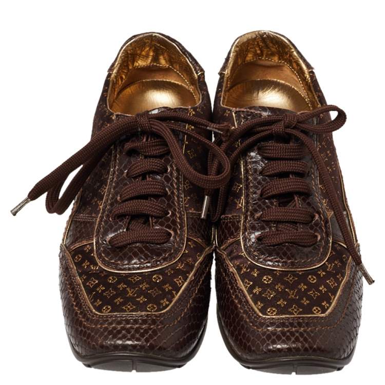 Pre Owned Louis Vuitton Brown Monogram Fabric and Python Embossed Leather Low Top Sneakers Size 36.5