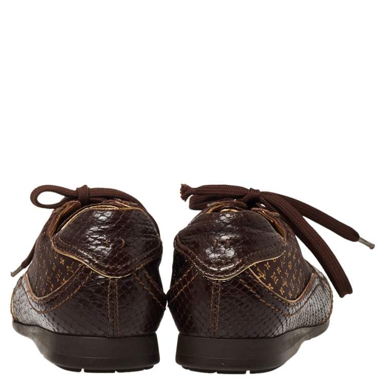 Pre Owned Louis Vuitton Brown Monogram Fabric and Python Embossed Leather Low Top Sneakers Size 36.5