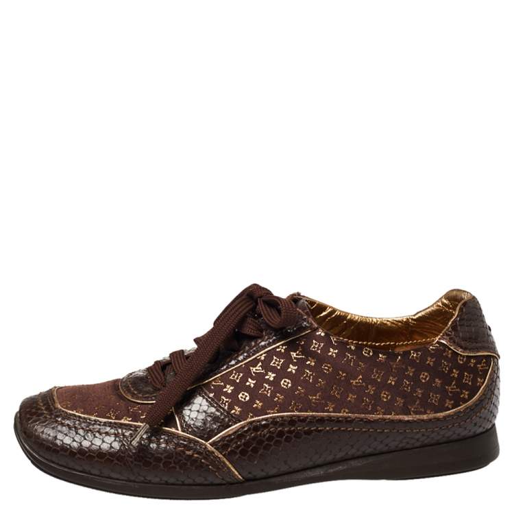 Pre Owned Louis Vuitton Brown Monogram Fabric and Python Embossed Leather Low Top Sneakers Size 36.5