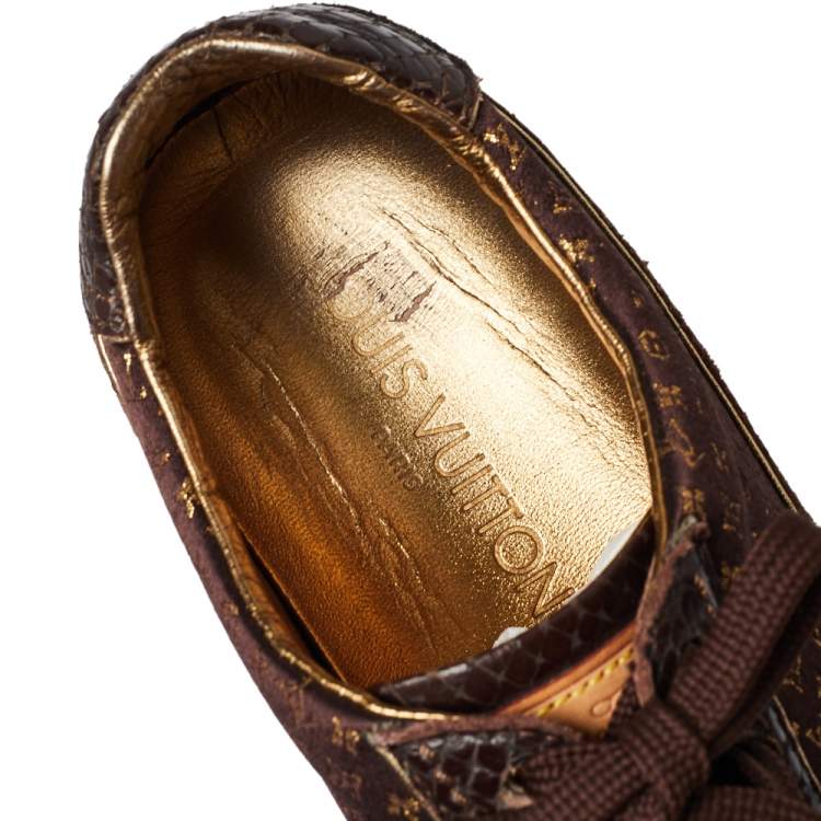 Pre Owned Louis Vuitton Brown Monogram Fabric and Python Embossed Leather Low Top Sneakers Size 36.5
