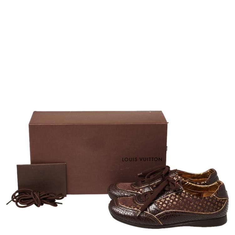 Pre Owned Louis Vuitton Brown Monogram Fabric and Python Embossed Leather Low Top Sneakers Size 36.5