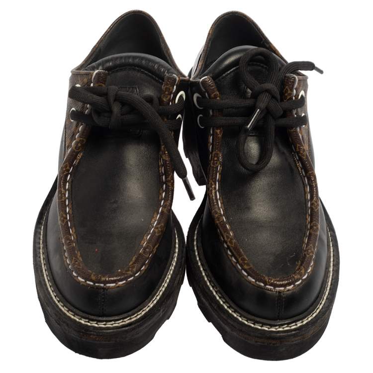 Pre Owned Louis Vuitton Black Leather, Canvas Beaubourg Platform Derby Size 38.5