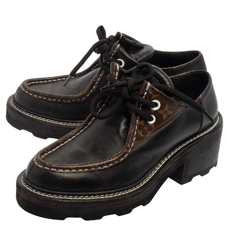 Pre Owned Louis Vuitton Black Leather, Canvas Beaubourg Platform Derby Size 38.5