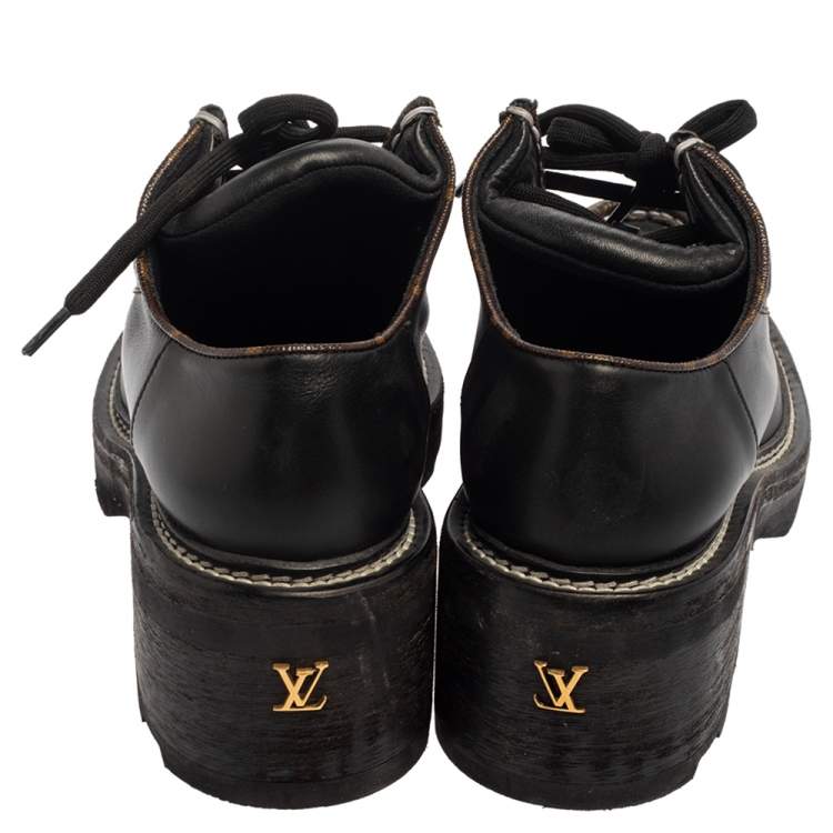 Pre Owned Louis Vuitton Black Leather, Canvas Beaubourg Platform Derby Size 38.5