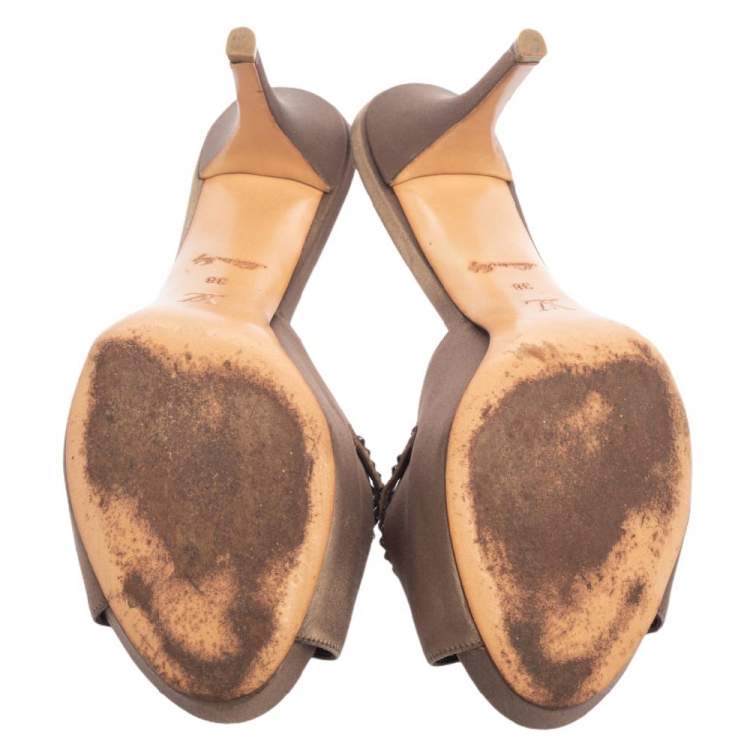 Pre Owned Louis Vuitton Brown Satin Crystal Slide Sandals Size 38