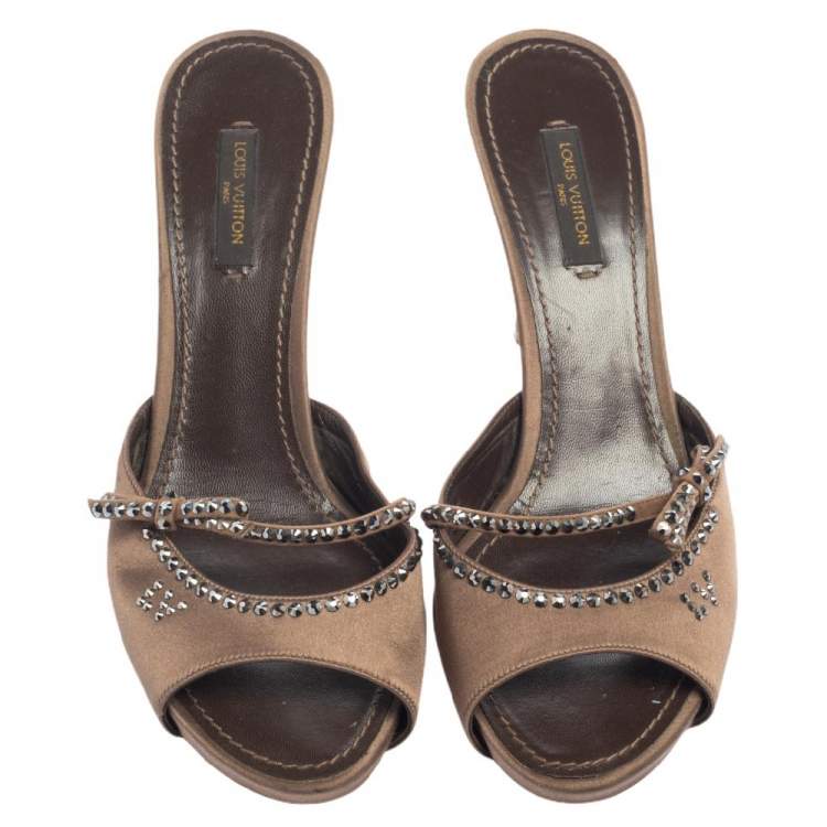 Pre Owned Louis Vuitton Brown Satin Crystal Slide Sandals Size 38