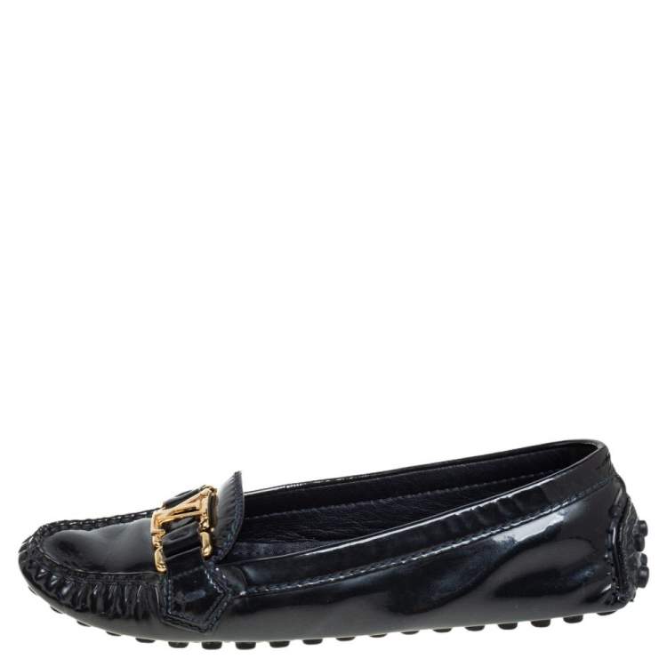 Pre Owned Louis Vuitton Dark Blue Patent Leather Oxford Slip On Loafers Size 35.5