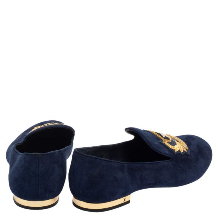 Pre Owned Louis Vuitton Blue Suede Embroidered  Smoking Slippers Size 38
