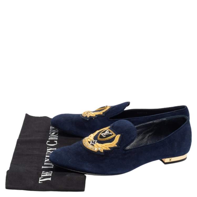 Pre Owned Louis Vuitton Blue Suede Embroidered  Smoking Slippers Size 38