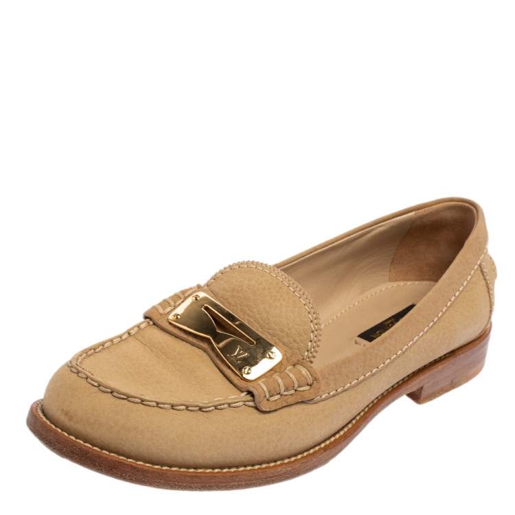Pre Owned Louis Vuitton Beige Nubuck Leather Penny Slip Loafers Size 37