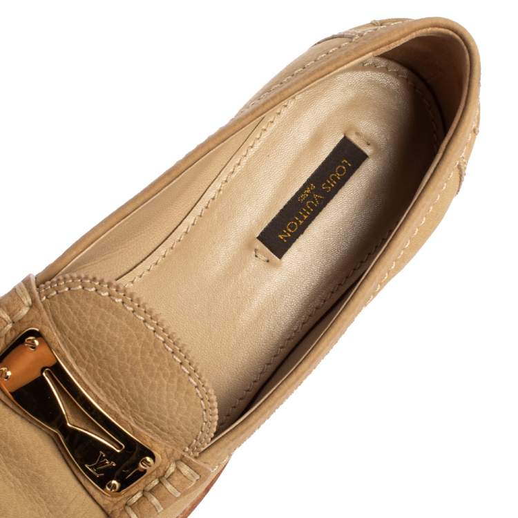 Pre Owned Louis Vuitton Beige Nubuck Leather Penny Slip Loafers Size 37