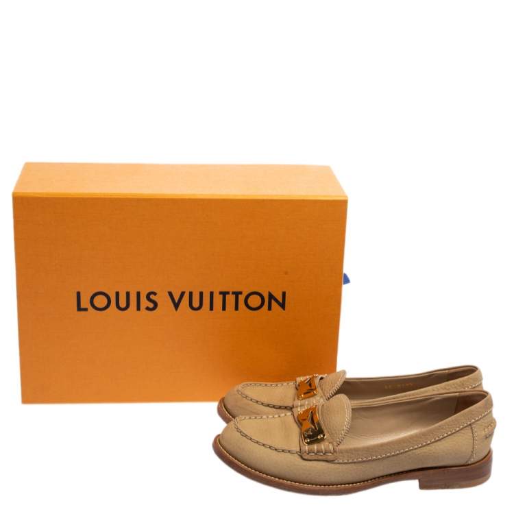 Pre Owned Louis Vuitton Beige Nubuck Leather Penny Slip Loafers Size 37