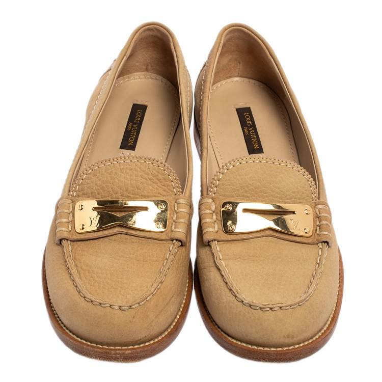 Pre Owned Louis Vuitton Beige Nubuck Leather Penny Slip Loafers Size 37