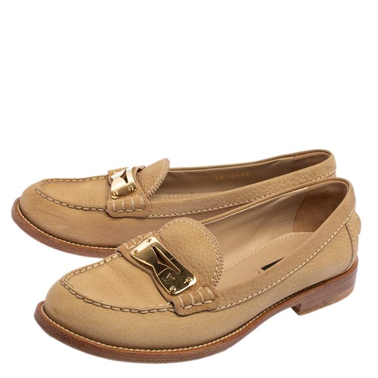 Pre Owned Louis Vuitton Beige Nubuck Leather Penny Slip Loafers Size 37