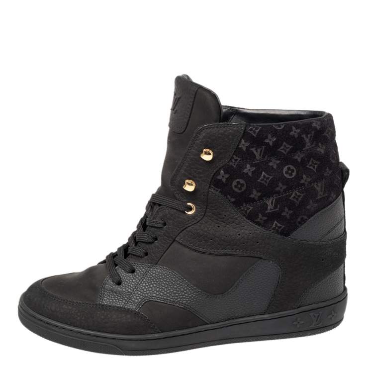 Pre Owned Louis Vuitton Black Monogram Suede and Leather Cliff Top Lace Up Sneakers Size 41