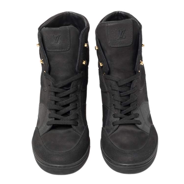 Pre Owned Louis Vuitton Black Monogram Suede and Leather Cliff Top Lace Up Sneakers Size 41