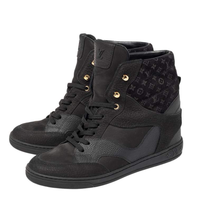 Pre Owned Louis Vuitton Black Monogram Suede and Leather Cliff Top Lace Up Sneakers Size 41