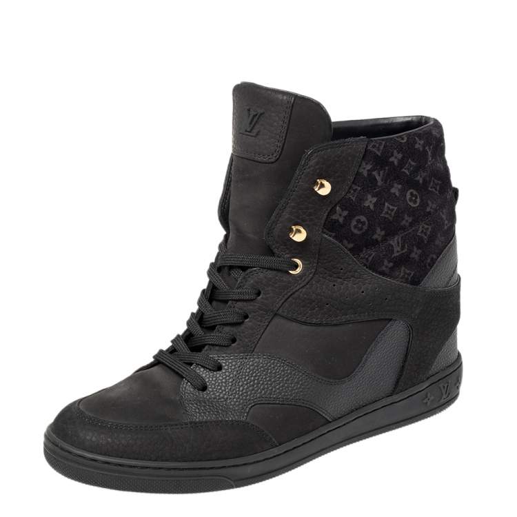 Pre Owned Louis Vuitton Black Monogram Suede and Leather Cliff Top Lace Up Sneakers Size 41