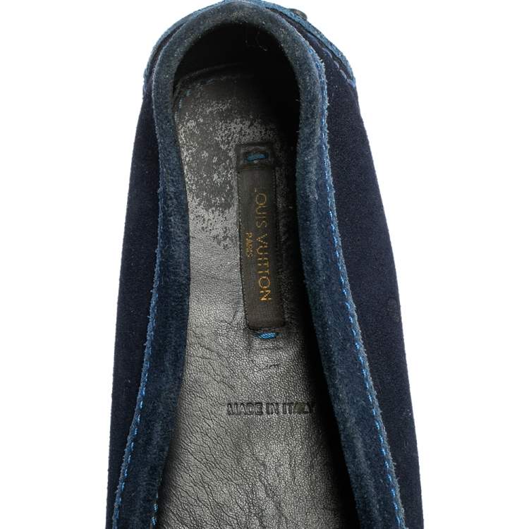 Pre Owned Louis Vuitton Navy Blue Suede Logo Slip On Loafers Size 36