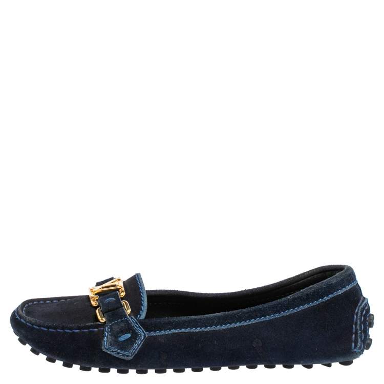 Pre Owned Louis Vuitton Navy Blue Suede Logo Slip On Loafers Size 36