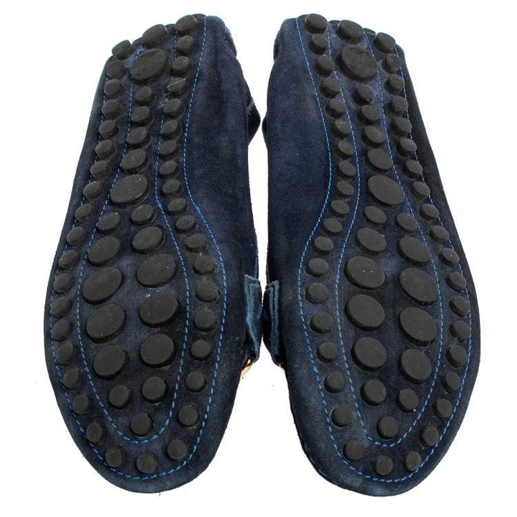 Pre Owned Louis Vuitton Navy Blue Suede Logo Slip On Loafers Size 36