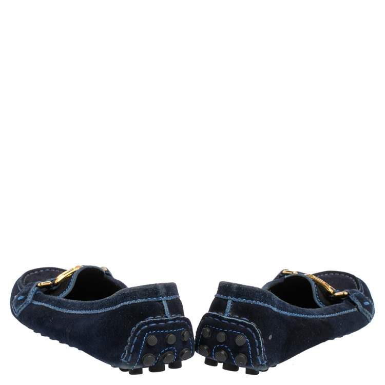 Pre Owned Louis Vuitton Navy Blue Suede Logo Slip On Loafers Size 36
