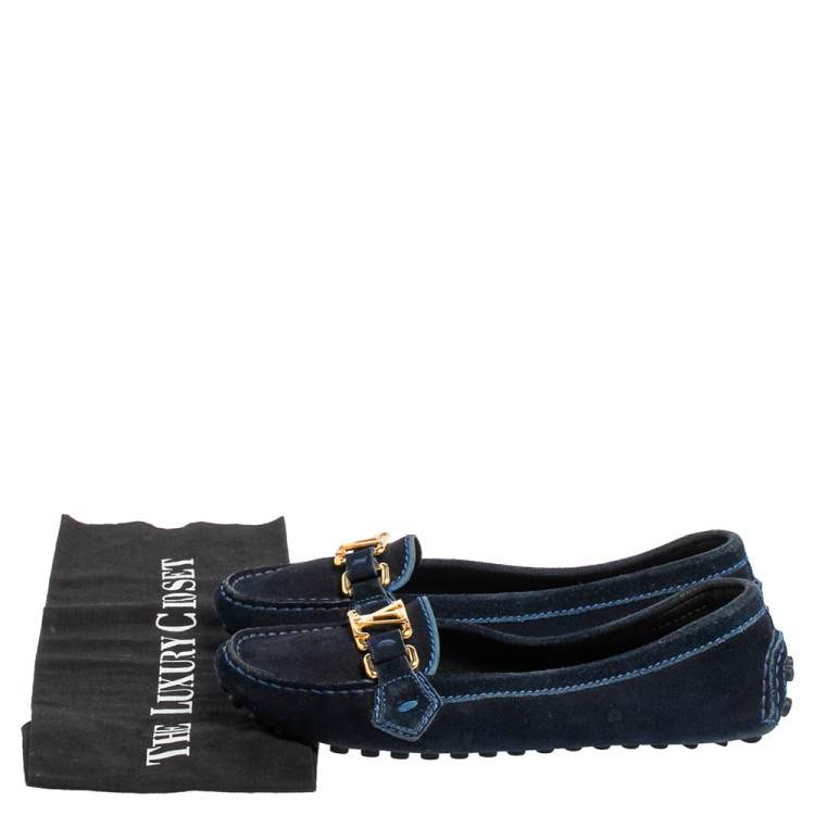 Pre Owned Louis Vuitton Navy Blue Suede Logo Slip On Loafers Size 36