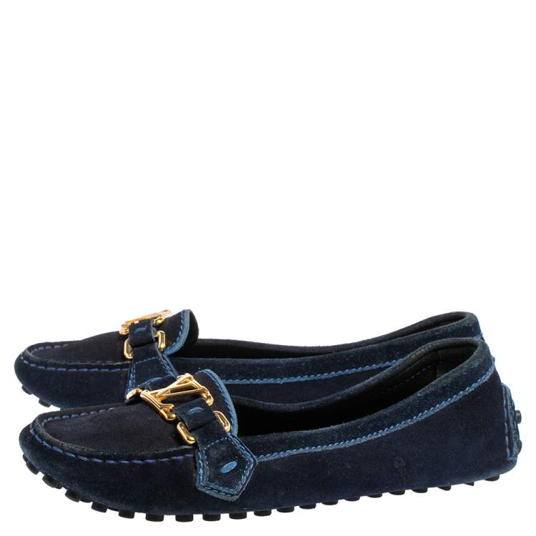 Pre Owned Louis Vuitton Navy Blue Suede Logo Slip On Loafers Size 36