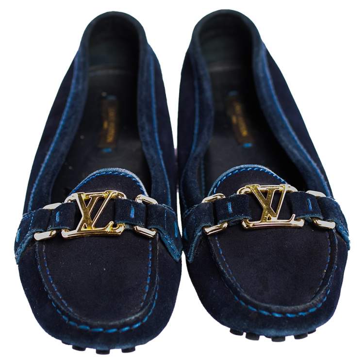 Pre Owned Louis Vuitton Navy Blue Suede Logo Slip On Loafers Size 36