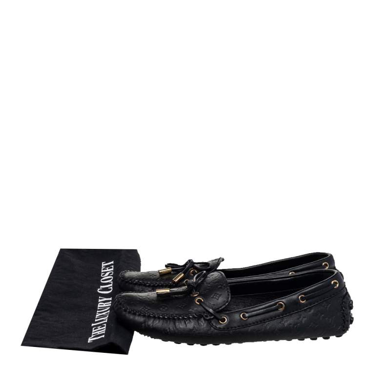 Pre Owned Louis Vuitton Black Monogram Leather Bow Loafers Size 39