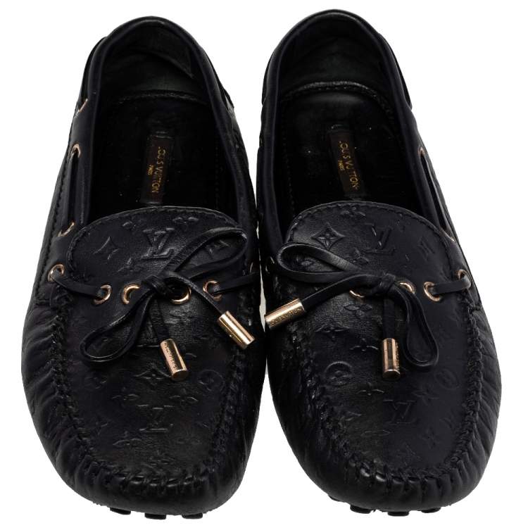 Pre Owned Louis Vuitton Black Monogram Leather Bow Loafers Size 39