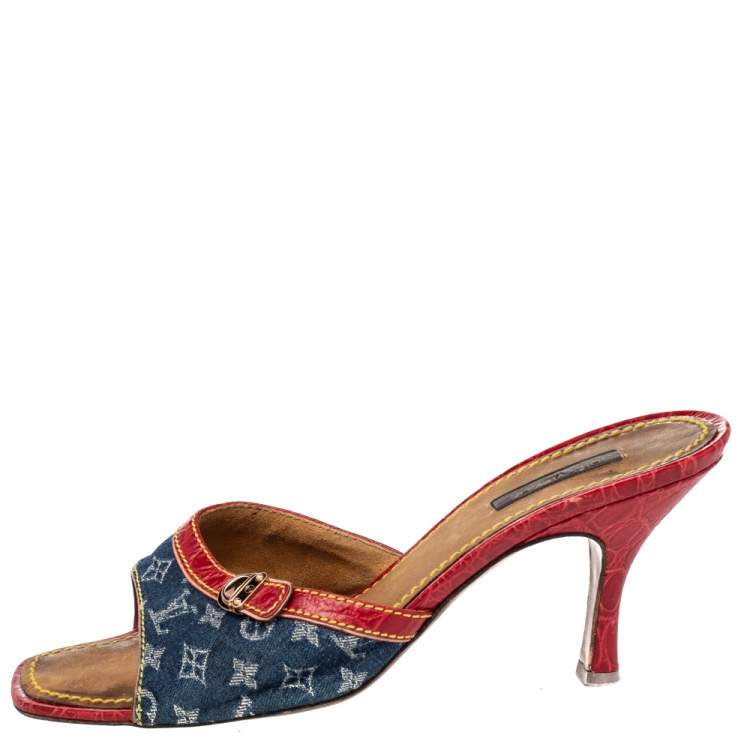 Louis Vuitton Blue/Red Monogram Denim and Leather Sandals Size 38.5