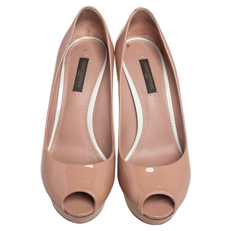 Pre Owned Louis Vuitton Beige Patent Leather Eyeline Peep Toe Platform Pumps Size 37