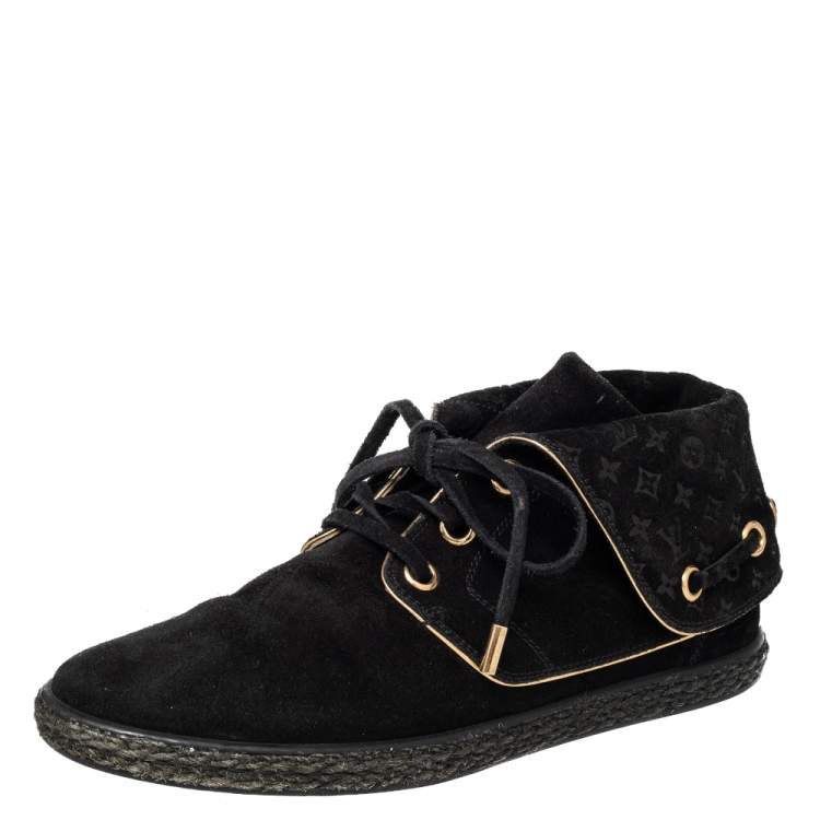 Pre Owned  Louis Vuitton Black Suede Monogram Collar Espadrille Sneakers Size 37