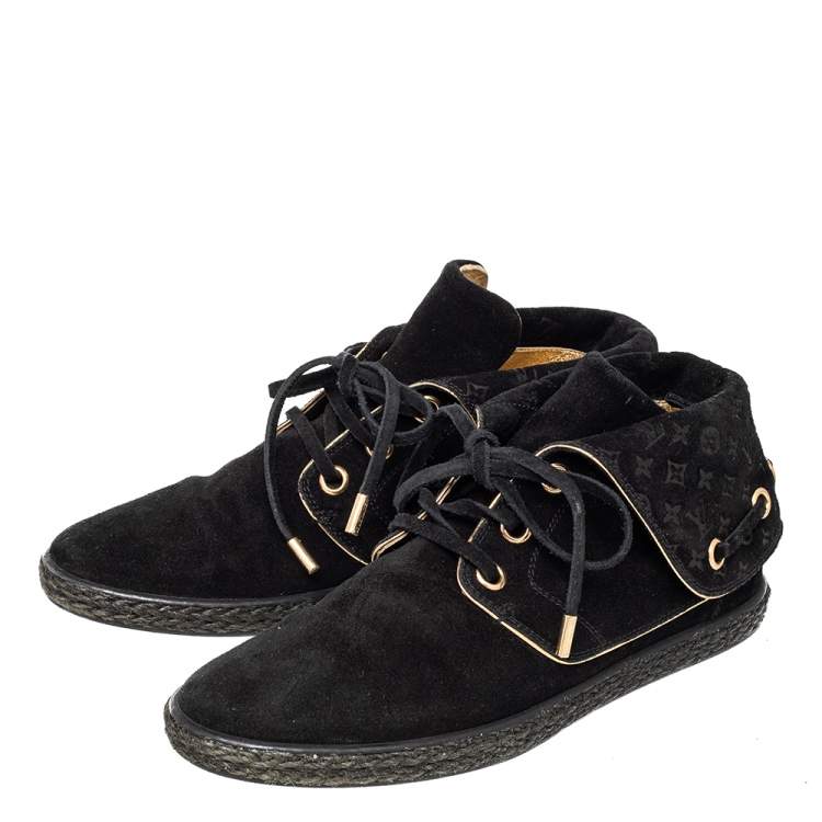 Pre Owned  Louis Vuitton Black Suede Monogram Collar Espadrille Sneakers Size 37