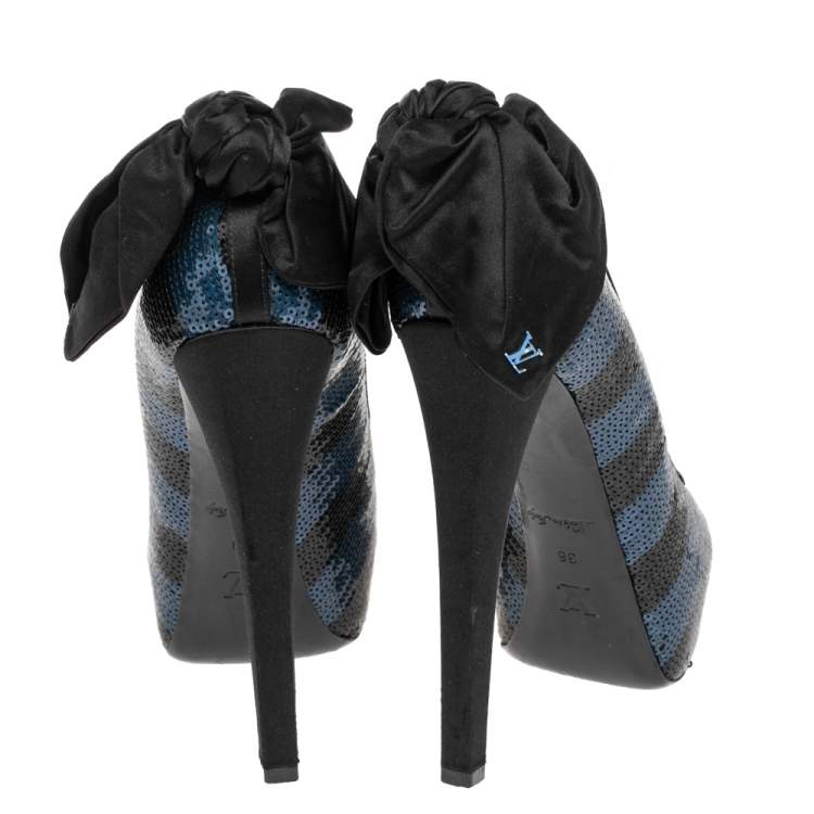 Pre Owned Louis Vuitton Blue/Black Sequin Peep Toe Platform Pumps Size 38