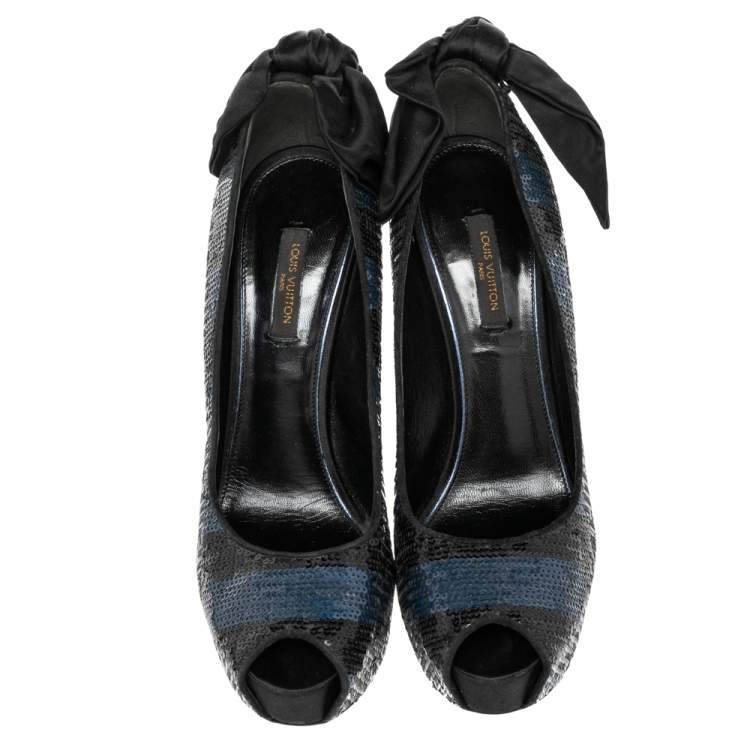 Pre Owned Louis Vuitton Blue/Black Sequin Peep Toe Platform Pumps Size 38