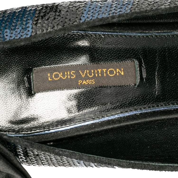 Pre Owned Louis Vuitton Blue/Black Sequin Peep Toe Platform Pumps Size 38