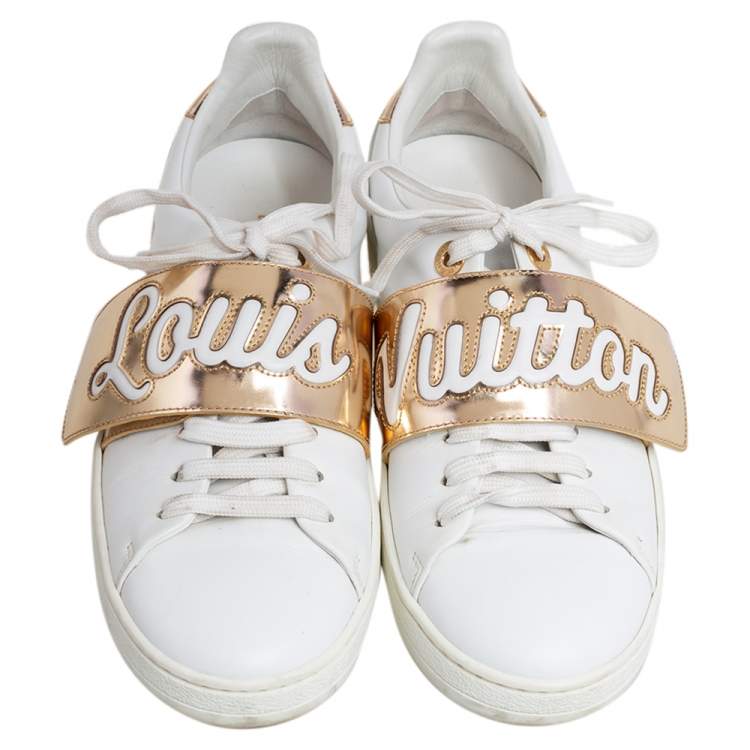 Pre Owned Louis Vuitton White/Gold Leather Frontrow Low Top Sneakers Size 37.5