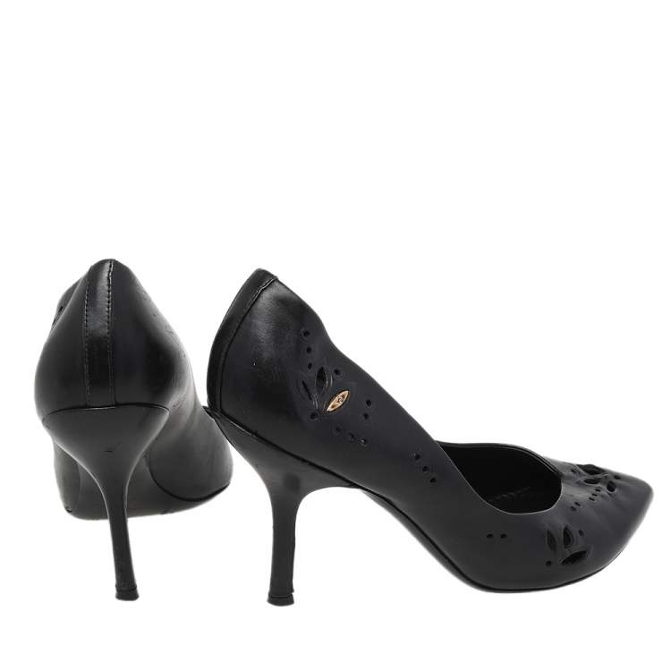 Pre Owned Louis Vuitton Black Laser Cut Leather Pointed Toe Pumps Size 36.5