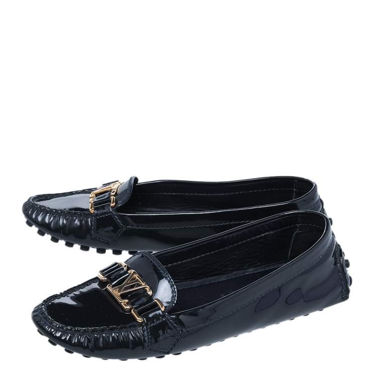 Pre Owned Louis Vuitton Navy Blue Patent Leather Oxford Slip On Loafers Size 37.5