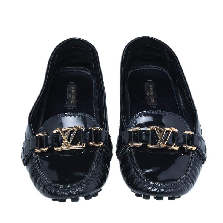 Pre Owned Louis Vuitton Navy Blue Patent Leather Oxford Slip On Loafers Size 37.5