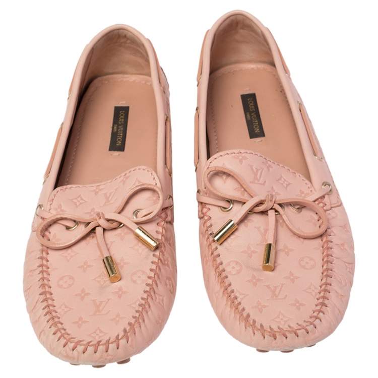 Pre Owned Louis Vuitton Beige Monogram Leather Gloria Bow Loafers Size 39