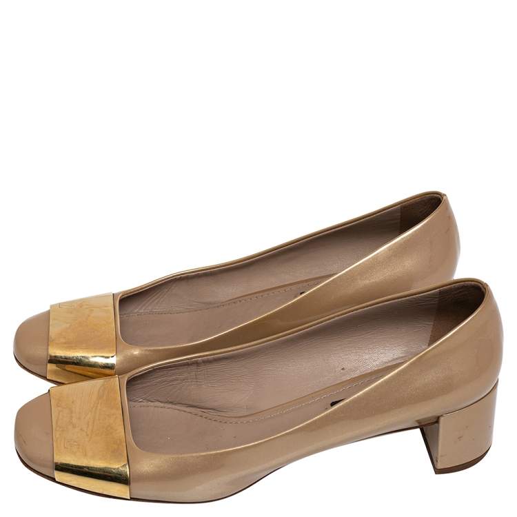 Pre Owned Louis Vuitton Gold Patent Leather Block Heel Pumps Size 39