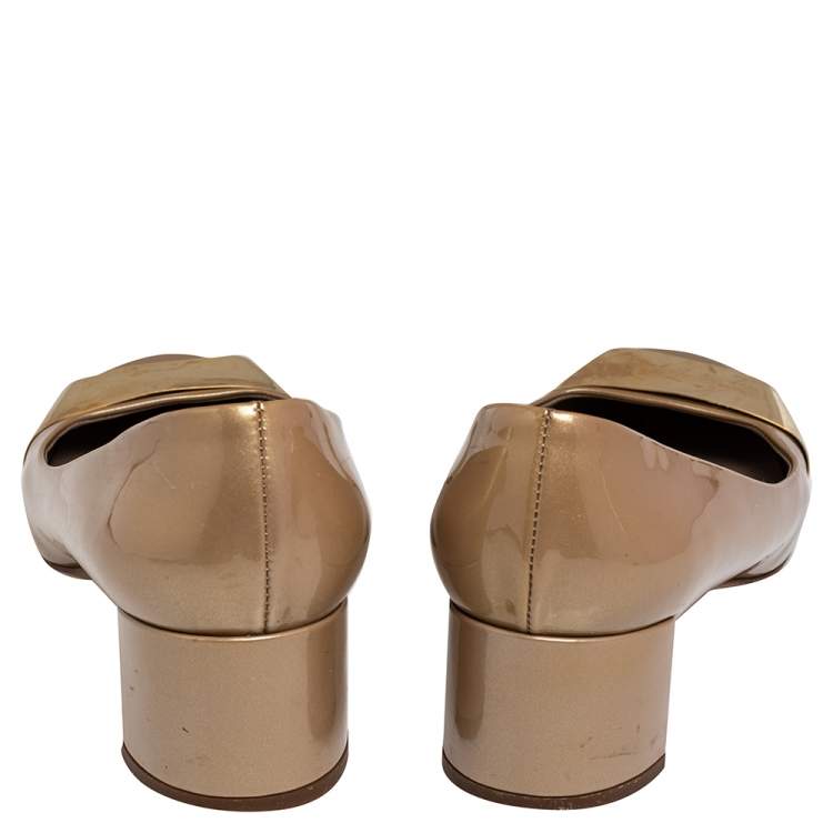 Pre Owned Louis Vuitton Gold Patent Leather Block Heel Pumps Size 39