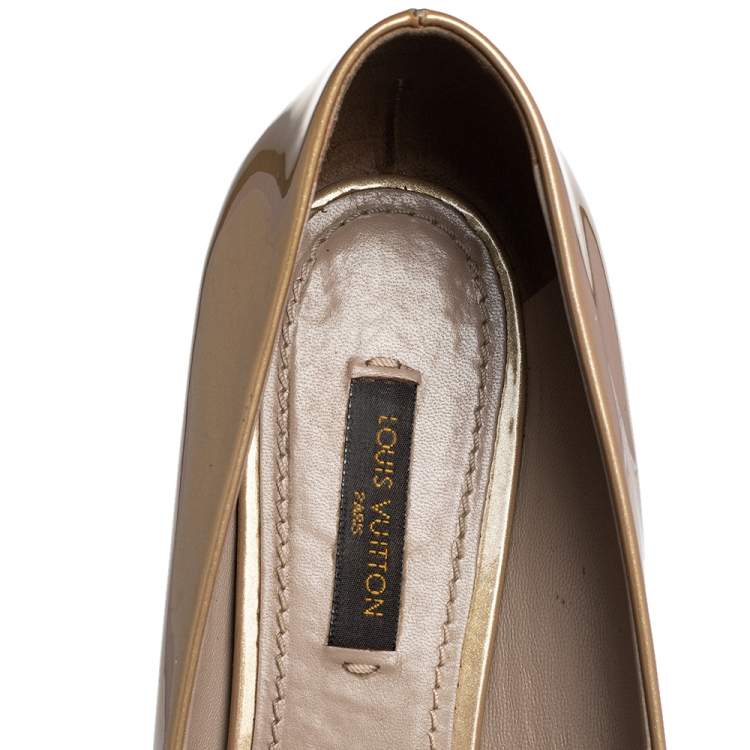Pre Owned Louis Vuitton Gold Patent Leather Block Heel Pumps Size 39