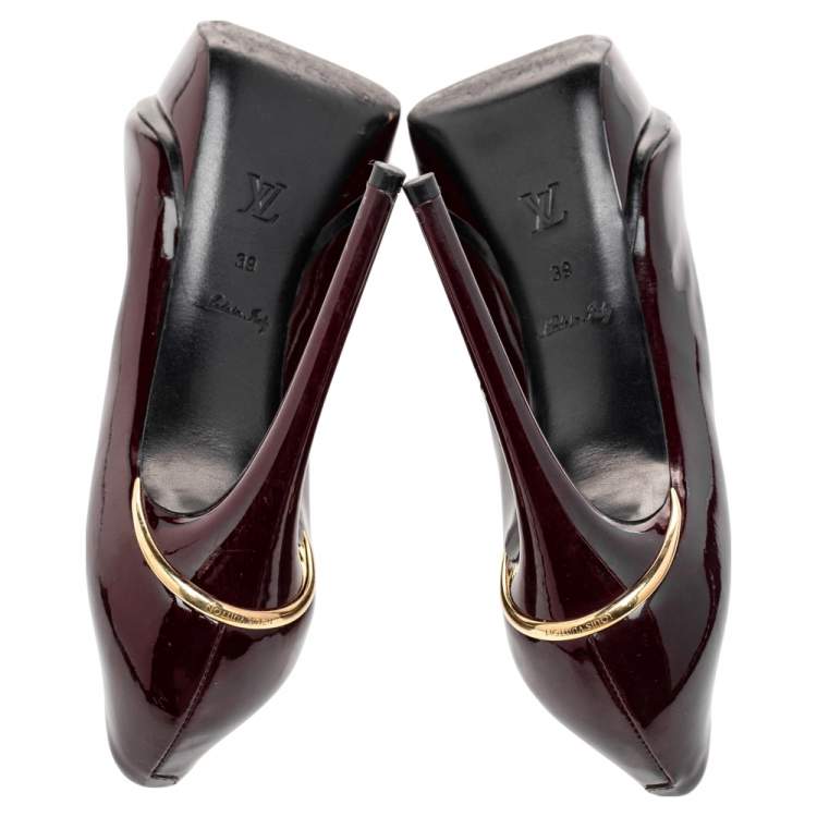 Pre Owned Louis Vuitton Burgundy Patent Leather Eyeline Peep Toe Platform Pumps Size 39